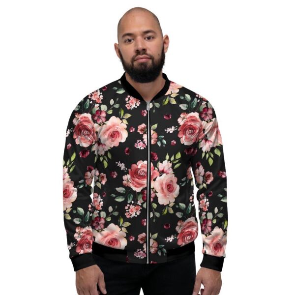 Black Pink Rose Flower Print Men’s Bomber Jacket